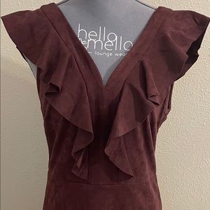 She and Sky V-Neck Faux Suede Burgundy Dress w/Ruffle Detail and Back Zipper
